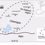 Fig. 1. Location map for the Chiemgau impact region. Published in 2019 Cosmic collision in prehistory The Chiemgau Impact : research in a Bavarian meteorite crater strewn field, M. RappenglückB. Rappenglück, K. Ernstson