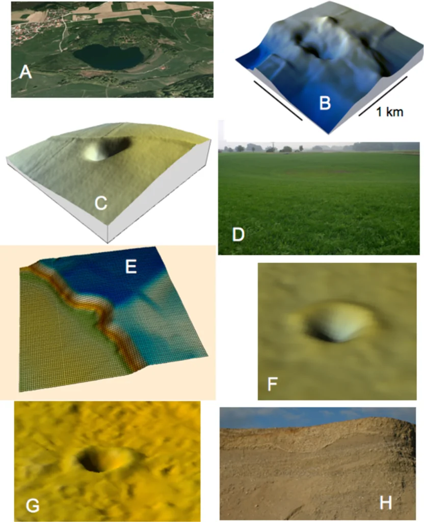 Fig. 2. Craters of varying size in the impact strewn ellipse. Der crater diameter (for the rim crest) is given in meters. A: Lake Tüttensee (600), B: doublet crater in Lake Chiemsee (800 x 400), C: Purkering (75), D: Bergham (150), E: semi crater in the valley slope of the Inn river, (55), F: Einsiedleiche (15), G: Schatzgrube (13), H: gravel pit, Emmerting (4).