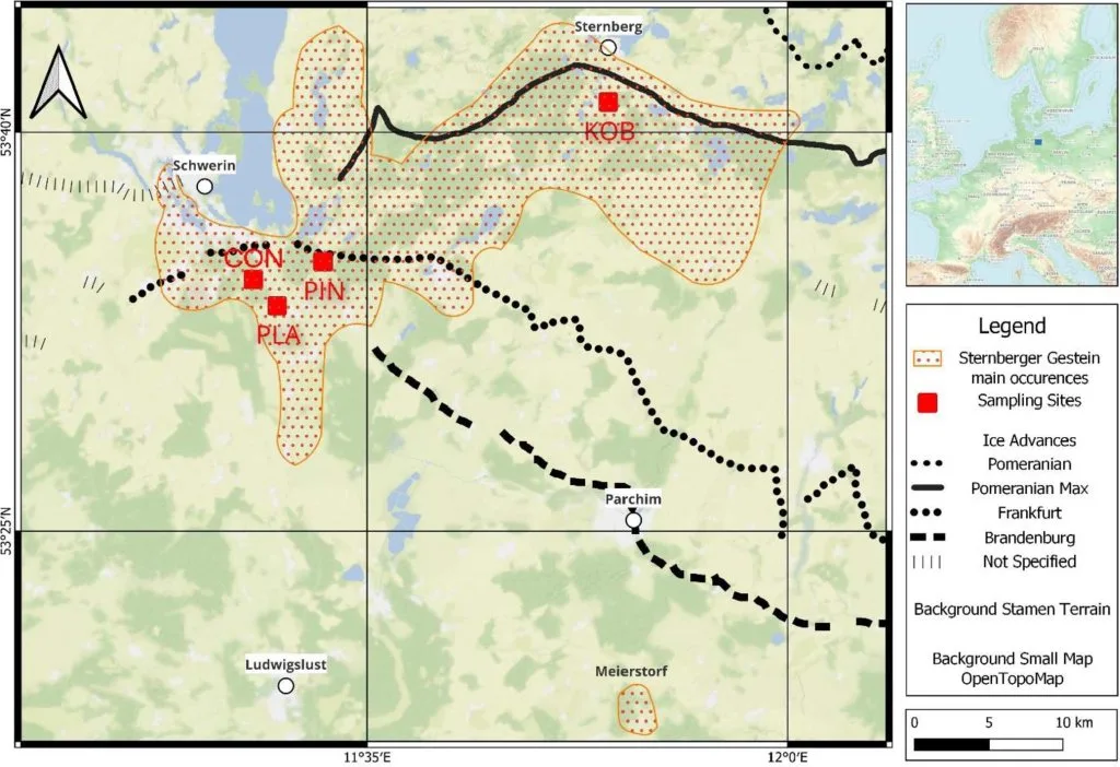 Map of main occurrences of the Sternberger Gestein, Weichselian ice advances, and sampling sites in Western Mecklenburg (Northern Germany). CON = gravel pit Consrade, KOB = gravel pit at Kobrow, PIN = gravel pit Pinnow Ausbau, PLA = gravel pit at Plate. Map redrawn after (Obst et al., 2015; Appendix A). The site at Zarrentin lies 39 km to the West of the site Plate shown on the map. Hesemann, Michael. (2024). Foraminifera in the glacial erratic rock Sternberger Gestein from northern Germany. The Journal of Foraminiferal Research. 54. 249-263. 10.61551/gsjfr.54.3.249.